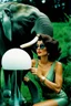 Placeholder: sixties, beautiful woman holding a piece of elephant art, Portra 400 film photo, analog inspiration, bubble, helmut newton, polaroid colors, realistic face, space age