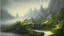 Placeholder: Tranquility landscape of hill on misty black ink watercolor chinese paint art