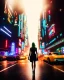 Placeholder: Noir, woman from the back silhouetted by neon lights facing empty night futuristic city in photorealistic style, ice blue neon signs, street level view, raytracing, depth of field, cinematic, highly detailed, rim lighting