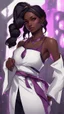 Placeholder: arcane tv show style, league of legends, solo, 1girl, attractive teenager, african, dark skin, dark-brown eyes, black hair, pair buns, (violet strand in forehead bang), necklace, earrings, modern makeup, (detailed skin texture), white oversize shirt