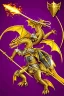 Placeholder: medieval Knight in golden jeweled armor vs dragon, violet color, high detail, sorcery, sparks, mechanical, plasma, treasure, weapons, slithery, legendary, castle