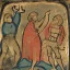 Placeholder: two men in the water in medieval style, one of them has his arms in the air