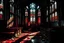 Placeholder: Помещения старой заброшенной темной церкви с красными витражами, алтарь. Стиль комикс