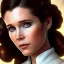 Placeholder: low angle beautiful half-body-portrait photo of princess leia from Star Wars played by Carrie Fisher, in the style of horizon zero dawn wlop, artgerm, akihiko yoshida, and liang xing, detailed face, doe eyes, intricate hair style, symmetrical eyes, trending on artstation, highly detailed, white dress, dynamic pose, intricate outfit, futuristic weapon, space ship and galaxy background