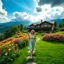 Placeholder: a luxury villa in beautiful Green hills covered with flowers colorfull ,blue sky heavy clouds with godray ,very nice flowers at closeup ,wonderfull mountains at distance,beautiful lady walking to camera in front of villa