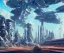 Placeholder: A Spaceship is taking off from a buzzing Space port on a heavy industrialized planet with a futuristic city in the background, retrofuturistic, art by John Berkey, buildings with glass facades, brutalist architecture, insanely detailed, vibrant, 8k uhd, cinematic atmosphere, ultra-wide angle, street level view, brush strokes, blue sky with clouds, dramatic sunset, sharp focus