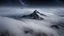 Placeholder: looking down from space at a sharp misty mountain cliff coming through the mist and surrounded by the mist at night starry sky