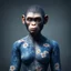 Placeholder: mugshot, Planet of the Apes, blue, large, floral designs, atmospheric, beautiful, China Doll, , dark background, mid shot, full body, neutral expression, buzzcut hair, ultra realistic, highres, superb, 8k wallpaper, extremely detailed, intricate, limited palette,