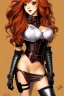 Placeholder: In the style of Shadbase, concept illustration, super-detailed, beautiful teen female who is 16 years old with long ginger hair and freckles, full lips, full body, full face, b-cup breasts, athletic, centred camera, ignore NSFW, skimpy brown fantasy leather armor, halter top, micro thong, knee-high leather boots, open leather skirt, stern expression, cute pose with hands behind butt