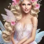 Placeholder: fantasy fairy with transparent wings, smiling, make up, long platinum blond hair with crown and flowers, pink dress