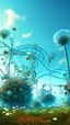 Placeholder: A garden of wired out of this world flowers and trees with light blue sky in style surreal