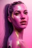 Placeholder: Realistic image, Rosalía artist, portrait, waist up portrait, pink black eye line, sweet, gold and pink geisha style, glow make up, led lights, neon, led piercing nose, led ornament, fog, rain, latex, vibrant color, highly detailed, art stations, concept art, smooth, unreal engine 5, god rays, ray tracing, RTX, lumen lighting, ultra detail, volumetric lighting, 3d, finely drawn, high definition, high resolution.
