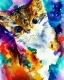 Placeholder: watercolor painting, cat, happy, bright color,