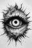 Placeholder: A realistic drawing in negative space black ink on white background of the eye of God inside a sun with very defined and correct details and brushstrokes smoke around it