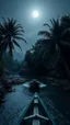 Placeholder: Close-up photo from the front straight. A boat in a winding rocky river below and two large coconut trees on the left and right zoom distance from the front. Even the gothic day the moonlight shines. Bright lighting.