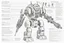 Placeholder: Black and white technical drawing showcasing an advanced Yeti robot with lots of weapons and defences. Annotations detail its powers and capabilities.