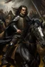 Placeholder: Oil painting of a king Very handsome with black hair poked on his black horse and wearing full black and fur Raset battle and those around him fighting Photorealistic