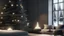 Placeholder: scandinavian living room with a beautiful scandinavian christmastree right beside a cozy fireplace. outside it is snowing. realistic, 8k. rendered 8k