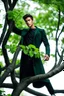 Placeholder: fullbody shot of young-man-with-a-perfect-face standing in green trees