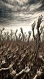 Placeholder: a field of thousands of hands of bodies rising up from the ground not visible, horror, hands in different shapes coming out from the ground towards the sky Busch painting style nightmare and thin line draw, a dry tree no leaves only branches