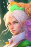 Placeholder: fantasy setting, woman ranger traveler with orange and white hair, pastel green eyes, kind, soft facial traits