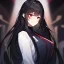 Placeholder: Clear focus,High resolution, black long fluffy hair, long fluffy bangs, red eyes, wearing a lab outfit, extreme close up, evil smile