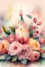 Placeholder: MAGIC A PYRAMID CANDLE IS BURNING AROUND WONDERFUL FLOWERS English watercolor, Smoky cream, pale gray, pale pink, pink background. bright light, a bouquet of roses on the table are pale pink, pale bordeaux, white, ochre. green stems, the light is translucent. Watercolor, fine ink drawing,