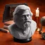 Placeholder: auction, polished marble bust of the king of ghost busters, ancient, magic,on dark wooden table with drinking glass,compass,brilliance, candle, correct shadows, movie poster