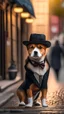 Placeholder: a dog with a suit and a hat in street