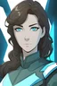 Placeholder: Woman dark brown and wavy hair, vivid sapphire blue eyes, light blue futuristic military uniform, smirking, grinning, military background, RWBY animation style