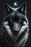 Placeholder: Portrait of an all black wolf with steel blue eyes a white patch of fur on its chest in the shape of the crescent moon