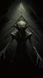 Placeholder: A demonic figure with a triangular body with long arms and creepy small eyes that is floating in a dark room