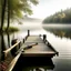 Placeholder: Generate a serene lakeside scene with a wooden dock stretching out into the water. Include a rowboat with oars resting beside it and a peaceful mist rising from the lake."
