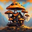 Placeholder: A weird mushroom house with drippy spots and eyeballs on a floating island. black yellow orange blue Detailed gloss Painting, rich color, fantastical, intricate detail, splash screen, hyperdetailed, insane depth, concept art, 8k resolution, trendi