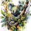 Placeholder: Watercolor and ink illustration of a Koala bear cub clinging to a gnarled eucalyptus branch by Guymick Cormic, reclining amidst tall grass and ferns, surrounded by dense, leafy foliage and wildflowers bathed in the amber glow of sunrise, featuring Brian Froud's fantastical influences combined with the dramatic, fluid styles of Carne Griffiths and Alberto Seveso, 60-30-10 colour harmony evident, mystical symbols interwoven, vibrant splashes Modifiers: elegant extremely detai