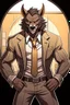 Placeholder: Buff, anthro, wolf, himbo, black fur, gold eyes, wearing a suit, full-body, muscles, strong, muscular, man boobs, bulky, tail, dark fur, smug grin, hands on hips, furry-himbo, broad shoulders, wide hips,