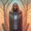 Placeholder: spray painting fantasy art, portrait blonde camela harris in mummy sweater, standing in portal to wet forest world from city world,poetry book illustration