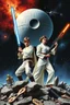 Placeholder: stars nebula and the Death Star large at top, in front in poses from the original star wars posters is Luke Skywalker with lightsaber and Princess Leia Organa with upward pointing raygun both in white clothing atop crumbling stone and broken parts of c-3po astromech and other droids