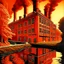 Placeholder: A salmon orange colored burning furnace factory painted by MC Escher