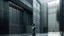 Placeholder: a woman is standing in front of a building, a digital rendering by David Chipperfield, cgsociety, modernism, vray tracing, vray, made of glass