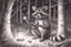 Placeholder: At dusk a curious raccoon explores the forest. Tiptoeing into human campsites, intrigued by artifacts they found.- Pencil drawing, realistic, graphite