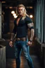 Placeholder: stunningly handsome viking, muscular, long blonde hair, male age 30, wearing jeans and a smart shirt, tan skin, tattoos,photorealistic 4k