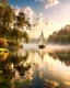Placeholder: serene landscape of a peaceful lake at sunrise, with misty fog rising from the calm water, surrounded by lush green trees and vibrant flowers. A solo sailboat with a white sail billows in the gentle breeze in the distance. The warm sunlight casts a golden glow on the scene, with the sky transitioning from soft pink to gentle blue and feathery clouds. The trees are reflected perfectly in the still water, creating symmetry and balance. Evocative of a tranquil and harmonious m