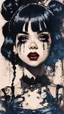 Placeholder: Poster in two gradually, a one side malevolent goth vampire girl face and other side the Singer Melanie Martinez face, full body, painting by Yoji Shinkawa, darkblue and sepia tones,