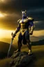 Placeholder: Thanos, the commander of the army of aliens and the king of the entire galaxy, is ready to go on a campaign with his two large swords, his very beautiful and impenetrable armor with his golden helmet, standing on top of a hill with his sword with infinity gauntlet