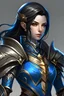 Placeholder: female elf knight with black hair, blue eyes and blue armor