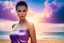 Placeholder: very nice real face beautiful sexy roman with make up at the beach standing pose in a short lace purple and silver dress, full body, 3D cloudy sky volumetric nice clouds 8k sharp focus,sunset,golden hour,medium shot