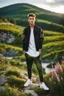 Placeholder: fullbody shot of young-beautiful-boy-with-a-perfect-face-with-make-up-wearing- sport pants and jacket standing ,geen hills ,nice nature environment ,wild flowers,clean water river with colorfull rocks in floor