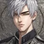 Placeholder: A stunningly detailed (((headshot portrait))), capturing the essence of a young man in his 20s with silver hair and piercing gray eyes, exuding a sense of confidence and protection, anime realism style, intricate mosaic backdrop