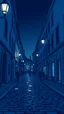 Placeholder: Illustrate a scene of an old city street at night using only blue tones, from deep navy to light sky blue. The street lamps cast soft, glowing circles of light on the cobblestones, highlighting the textures of the ancient buildings and the faint outlines of passersby. This artwork emphasizes the use of chiaroscuro within a monochromatic palette to evoke depth, mood, and a sense of timelessness.